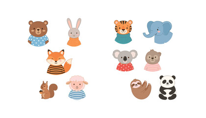 Naklejka premium Cute baby animals avatar icon set vector illustration cartoon kids nursery characters wearing sweaters bear tiger fox elephant panda
