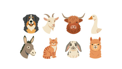 Naklejka premium Cute farm animal avatar icon sticker set vector illustration cartoon domestic pets portraits collection dog goat cow alpaca