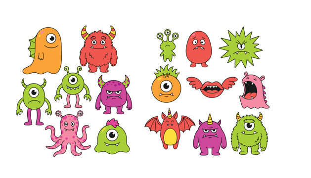 Cute cartoon monster sticker character set vector illustration spooky alien beasts collection expressions icons isolated design elements