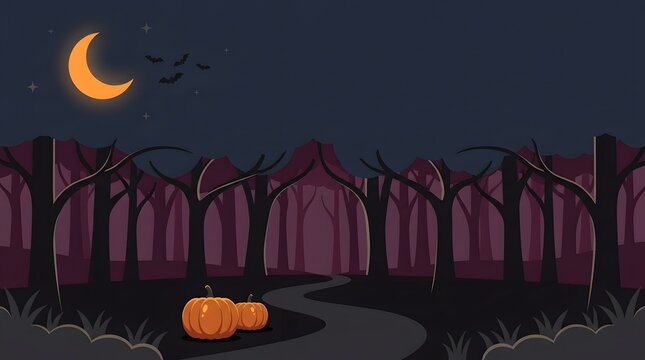 Halloween pumpkins in spooky forest at night