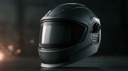 Fototapeta premium A sleek futuristic black motorcycle helmet sits in soft studio lighting. Ideal for science fiction concept art and tech gear promotion.