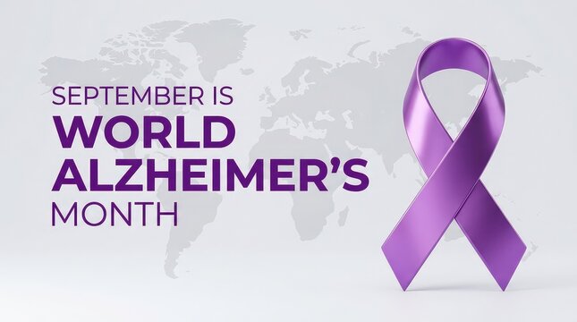September is World Alzheimer's Month banner with purple ribbon and subtle world map background