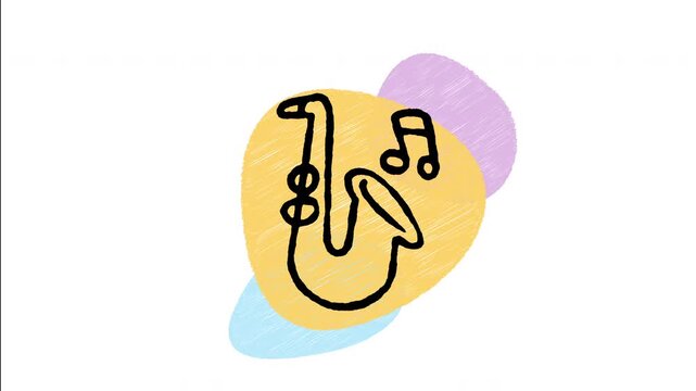 An animated hand drawn saxophone brass instrument icon playing music notes. Perfect for jazz music classes, band rehearsals, and audio education assets. 