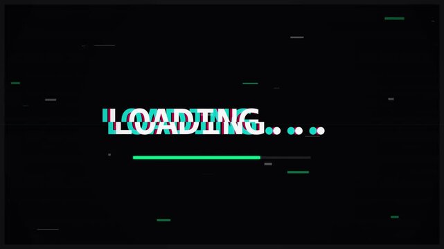 Loading Screen Animation with Glitch Effect and Progress Bar, Digital Data Transfer and System Update Visual, Countdown Timer Concept with Retro Technology Vibes