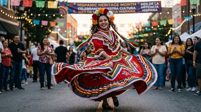 Hispanic woman dancing traditional ballet folklorico at vibrant street festival during Hispanic Heritage Month celebration, spinning colorful red dress with joy.