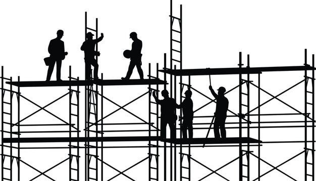 Black silhouette of construction workers standing on metal scaffolding structures, isolated on a white background, representing building site labor