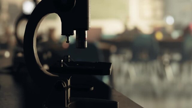 A microscope sits on a table in a laboratory. Students can be seen in the background engaged in a learning activity. It is daytime and the classroom is well lit.