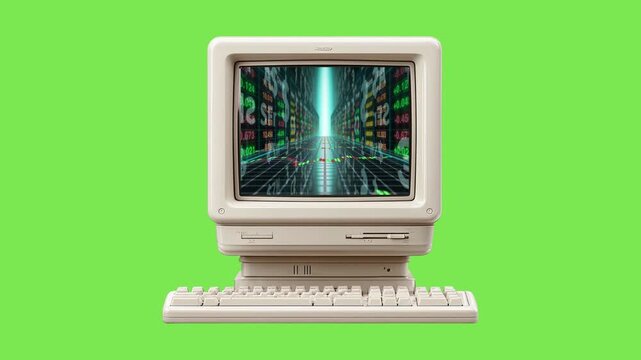 Vintage beige CRT computer monitor showcasing a mesmerizing, futuristic digital tunnel of data, bridging the charm of retro computing with the dynamic digital future