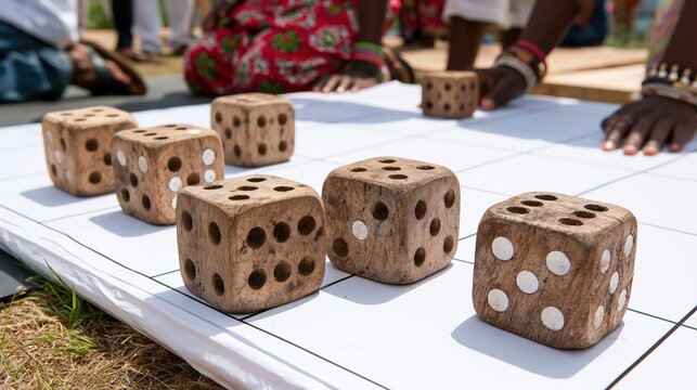 Large wooden dice are placed on a grid, indicating a game in progress.