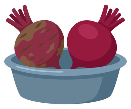 Two fresh whole beetroots with green stems placed in a simple grey bowl, vibrant vegetable illustration for healthy food and cooking concepts