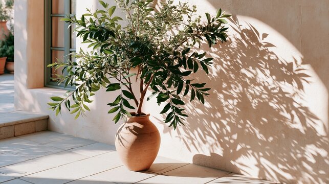 Green foliage casts dappled shadows on a warm, textured wall in sunlight.