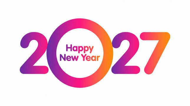 Happy New Year 2027 text design with colorful gradient numbers on whit