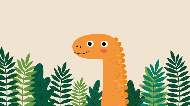 A friendly orange dinosaur peeks from behind lush green foliage.