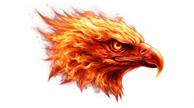 Fiery phoenix eagle head profile, majestic flaming bird of prey illustration, glowing fire hawk mascot for gaming and sports branding isolated PNG with Transparent Background