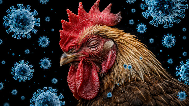 A sick rooster with closed eyes is surrounded by floating blue virus particles, symbolizing avian flu and disease transmission in poultry.