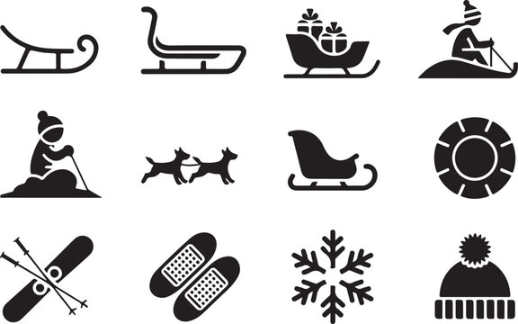 Winter sports vector icons set with sledding, skiing, snowboarding, and cold weather symbols in black silhouette style