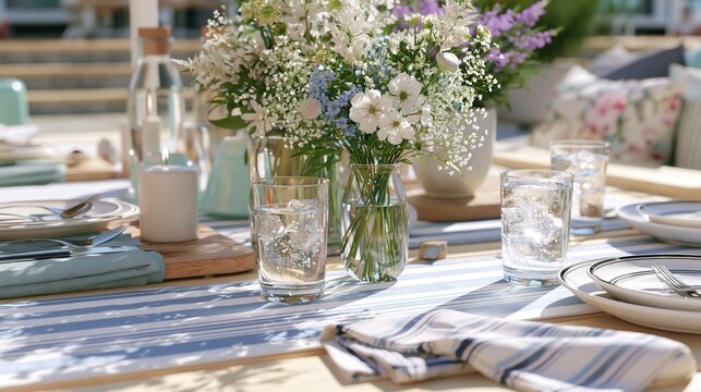 A beautifully arranged outdoor table setting awaits guests with floral centerpieces and refreshing beverages.