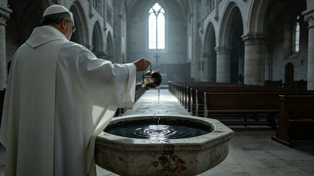 Priest in white robe blessing holy water at stone font, sanctifying ritual in empty church interior