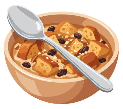 Bowl of bread pudding with raisins and a silver spoon, isolated on white background