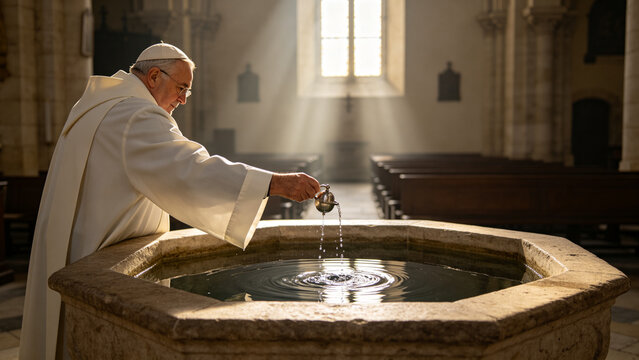 Priest in white robe blessing holy water at stone font, sanctifying ritual in empty church interior