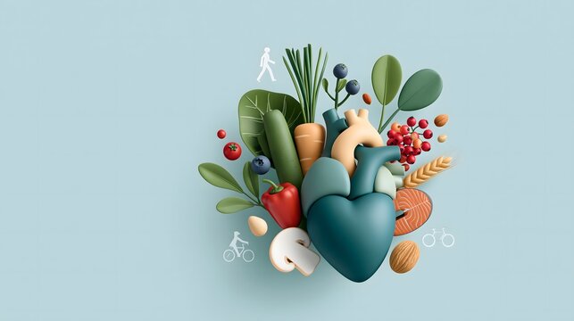 premium 3D cardiovascular wellness illustration, anatomical heart surrounded by healthy foods including vegetables, berries, salmon, whole grains and nuts, subtle walking and cycling symbols