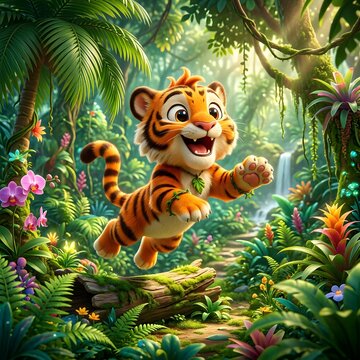 Playful cartoon tiger cub jumping in vibrant jungle setting