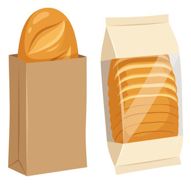 Fresh bakery products including a loaf of crusty bread in a brown paper bag and a package of sliced sandwich bread isolated on white background
