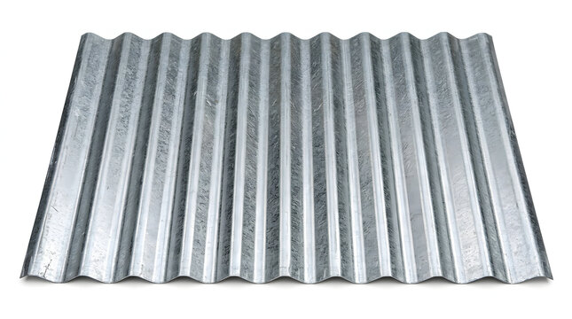 Corrugated galvanized steel sheet with silver metallic finish for industrial construction.