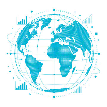 Data Globe vector illustration featuring a digital Earth formed with data points, network connections and analytical elements. Perfect for big data, global analytics, information technology, digital t