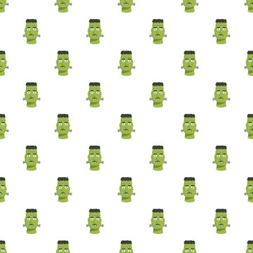Frankenstein monster heads creating a spooky halloween seamless pattern