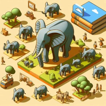 Cartoon animal set elephant cute isometric digital illustration