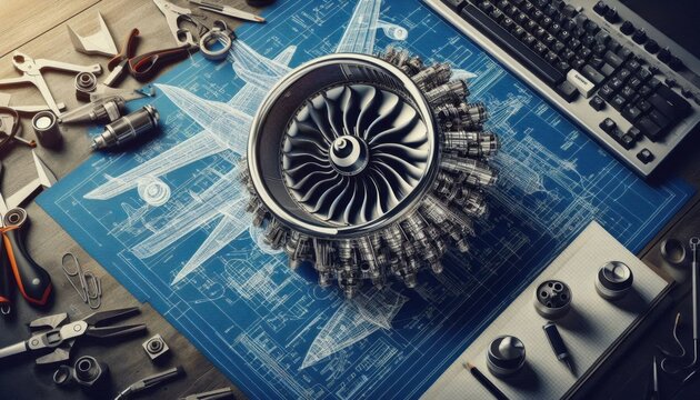 Close-up of turbine diagram engineer concept industry aviation illustration