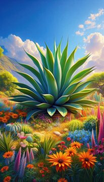 Cactus and flowers, maguey plant on desert landscape concept illustration
