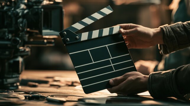 Hands holding a film clapperboard in a cinematic setting with a movie camera and production equipment in a creative workspace