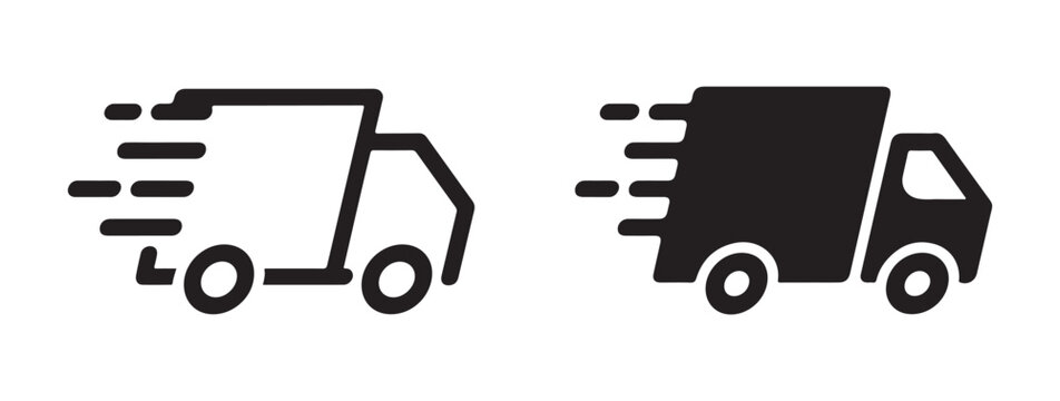 Fast delivery truck speed lines design in outline and solid black silhouette flat vector styles.