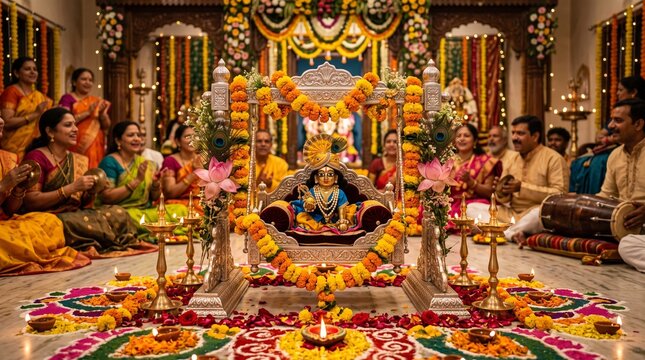 Title:
Traditional Shri Krishna Janmashtami Festival Celebration with Decorated Jhula and Diyas