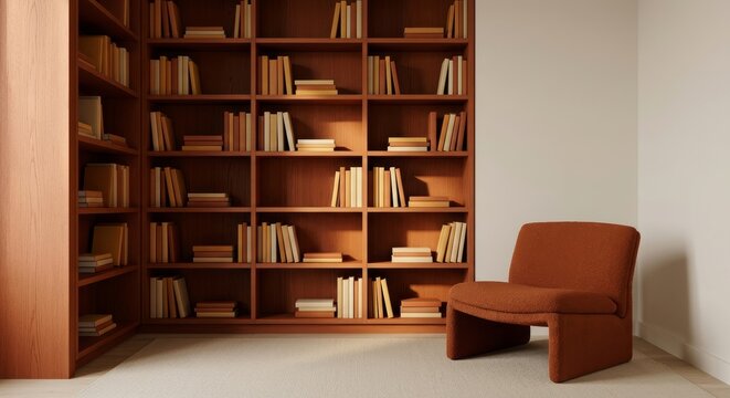 Warm wooden bookshelf filled with books beside a sculptural terracotta boucl&eacute; armchair, evoking a cozy reading corner and home library ambiance