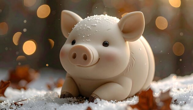 Figura decorativa de cerdito blanco sobre superficie nevada con luces c&aacute;lidas desenfocadas al fondo