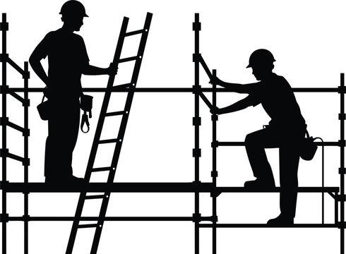 Black silhouette of two construction workers standing on metal scaffolding with a ladder, isolated on a white background, for industrial building, site concepts