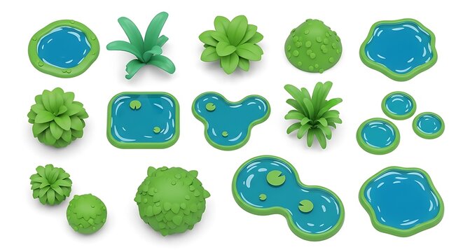 Set of cartoon garden ponds and green bushes isolated on white background
