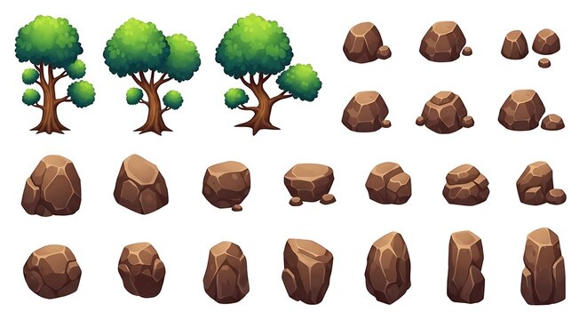 Set of cartoon trees and various rocks for game design elements
