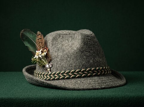 Traditional gray felt hat with feather decoration on dark background, rustic alpine style and handmade countryside accessory