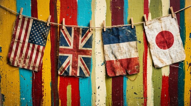 Vintage international flags hanging on clothesline against colorful painted wooden background, representing global unity, travel, and cultural diversity.