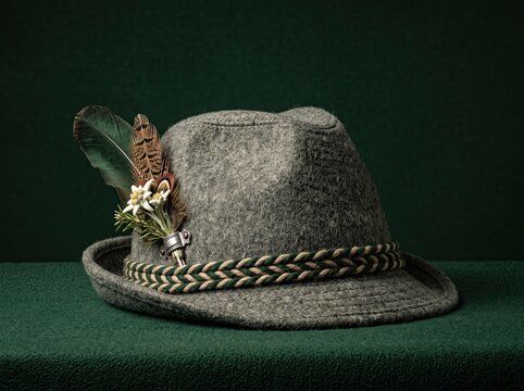 Traditional gray felt hat with feather decoration on dark background, rustic alpine style and handmade countryside accessory