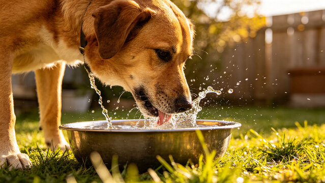 Dog drinking water from metal bowl in backyard, pet hydration and thirst
