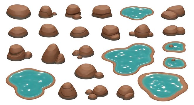 Cartoon rocks and water pond puddle set isolated on white background