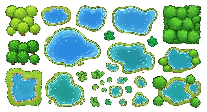 Set of cartoon lakes and green trees for map game design elements