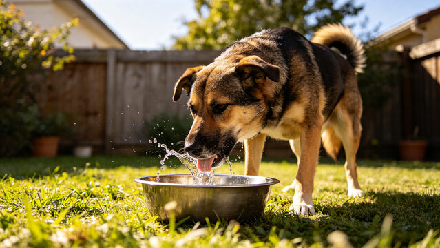 Dog drinking water from metal bowl in backyard, pet hydration and thirst