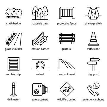 Set of black and white road infrastructure and safety featuring roadside drainage, traffic control, and emergency communication