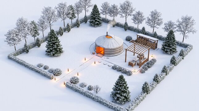 Traditional Mongolian Ger with Firewood in Winter